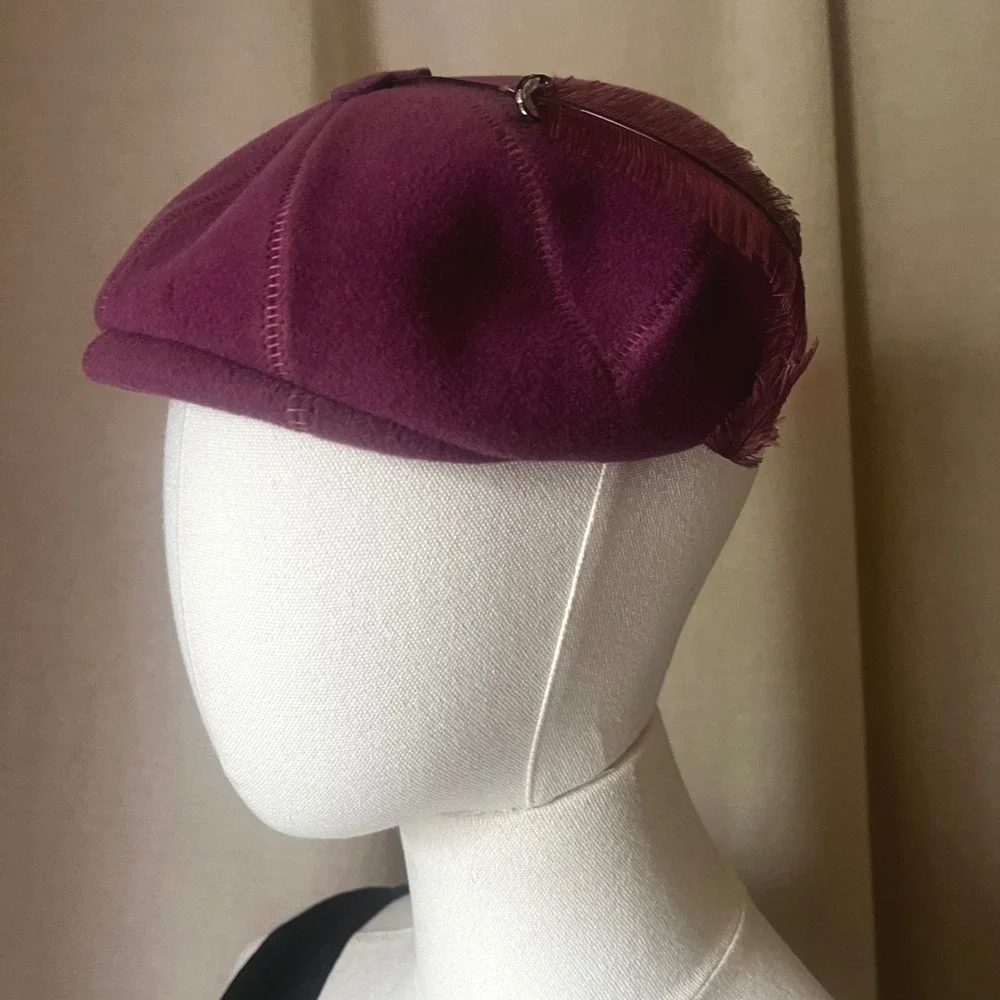 Vintage 1950s Plum Wool Felt Hat Feather Cocktail Fascinator Beret